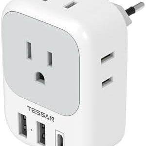 European Travel Plug Adapter USB C, TESSAN International Plug Adapter with 4 AC Outlets and 3 USB Ports, Type C Power Adaptor Charger for US to Most of Europe Iceland Spain Italy France Germany