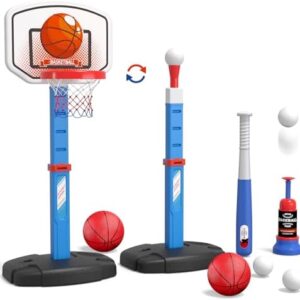 2 in 1 Kids Basketball Hoop and T Ball Set - Adjustable Height, Kids Baseball Tee with Automatic Pitching Machine, Indoor Outdoor Sport Toys Gifts for Toddler Boys Girls Age 1-5, Blue
