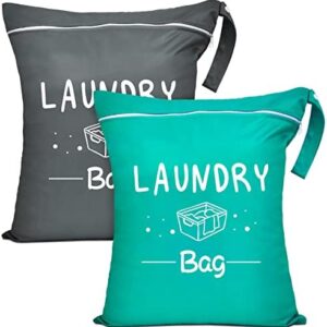 2 Pcs Large Travel Laundry Bag Waterproof Wet Dry Bag Washable Dirty Clothes Drawstring Bag Bathing Suit Workout Bag for Gym Clothes Laundry Wet Clothes Swimming Yoga, Green Grey