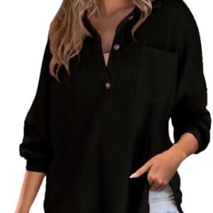 Waffle Knit Tops for Women Oversized Waffle Knit Shirt Cute Clothes Tops Sweatshirt for Women with Pocket
