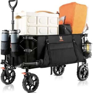 Navatiee Collapsible Folding Wagon, Heavy Duty Utility Beach Wagon Cart with Side Pocket and Brakes, Large Capacity Foldable Grocery Wagon for Garden Sports Outdoor Use, S1