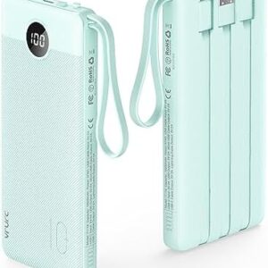 VRURC Portable Charger with Built-in Cables, 10000mAh LED Display USB C Power Bank, 5 Output 2 Input Travel Phone Charger, Slim External Battery Compatible with iPhone,Samsung,Android-Green(1 Pack)