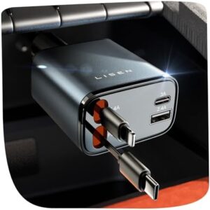 LISEN Retractable Car Charger [69W USB C Car Charger Adapter] iPhone 16 Car Charger Fast Charging, Fast Charging Car Charger, Type C Retractable Car Charger for iPhone 16 15 14 13 12, Samsung, Gray