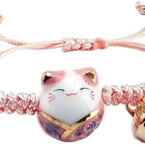Pink Lucky Cat Maneki Neko Bacelet Adjustable Ceramic Bead Girls Clothing, Shoes and Jewelry