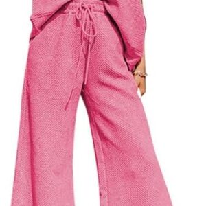SHEWIN Women's 2 Piece Outfits Sweatsuit Casual Short Sleeve Pullover Tops and Drawstring Wide Leg Pants Lounge Sets