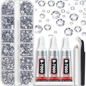 B7000 Clear Glue with 4000PCS Silver Clear Rhinestones for Crafts Clothing Fabric Shoes, Glue Fix Flatback Gems for Nails Face Jewelry, Mixed 5 Sizes 2mm 3mm 4mm 5mm 6mm Gemstones Bejeweled Kit