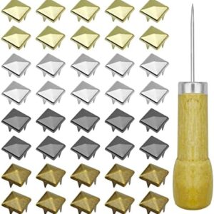 400Pcs 10mm Square Pyramid Studs Four-Jaw Square Rivets for Bag Leather Clothing Shoes Jewelry DIY Craft Metal Punk Spikes Spots Studs Nailheads Accessories with Straight Tipped Scratch Awl(4 Colors)
